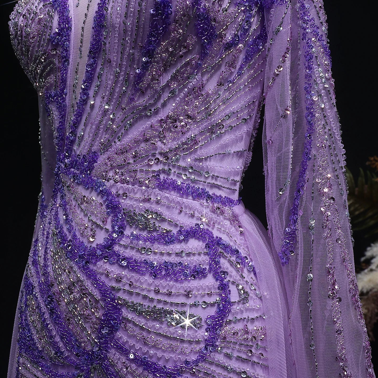 Lilac Beaded Long Sleeve Evening Gown with Overskirt and Side Slit — Riviera Couture GCC Luxury Evening Gown