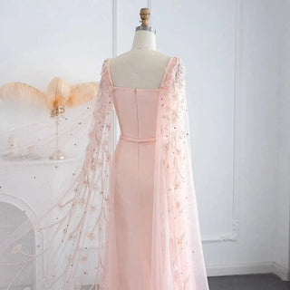 Pink 3D Flowers Evening Dress with Cape Sleeves - Riviera Couture