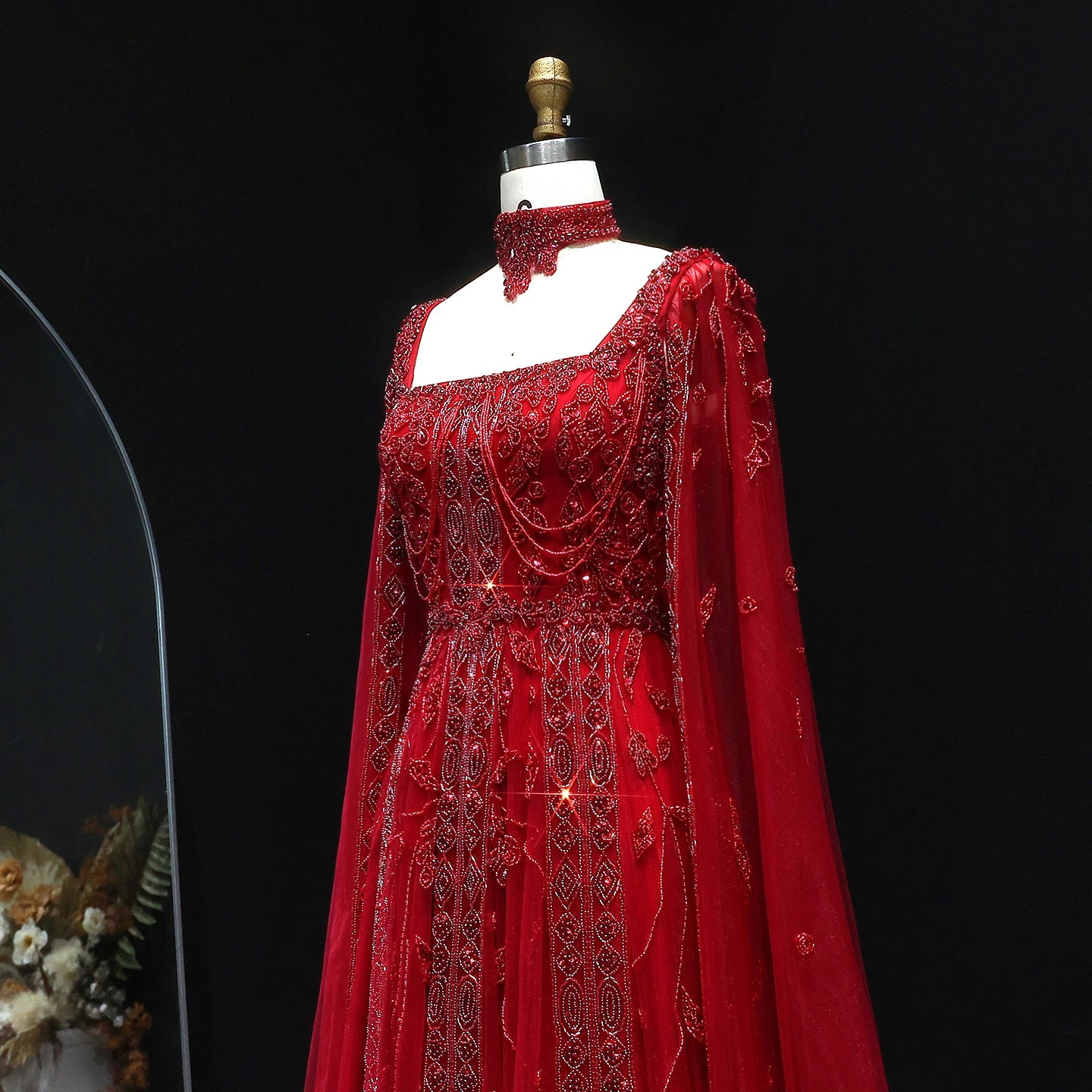 Blue Nude Arabic Evening Gown with Cape Sleeves and Wine Red Choker — Riviera Couture GCC Luxury Evening Gown
