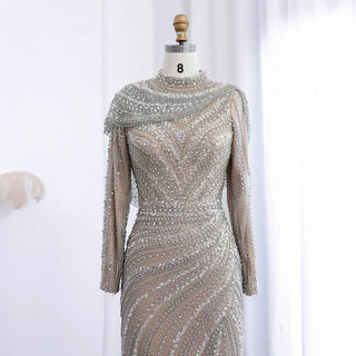 Luxury Silver Nude Muslim Evening Dresses with Cape High Neck Long Sleeves - Riviera Couture