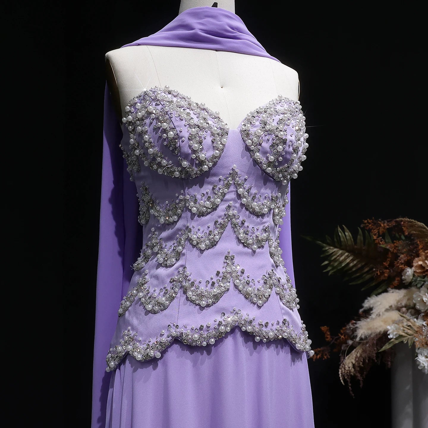 Purple Beaded A-Line Evening Gown with Scarf — Luxury GCC Formal — Riviera Couture GCC Luxury Evening Gown