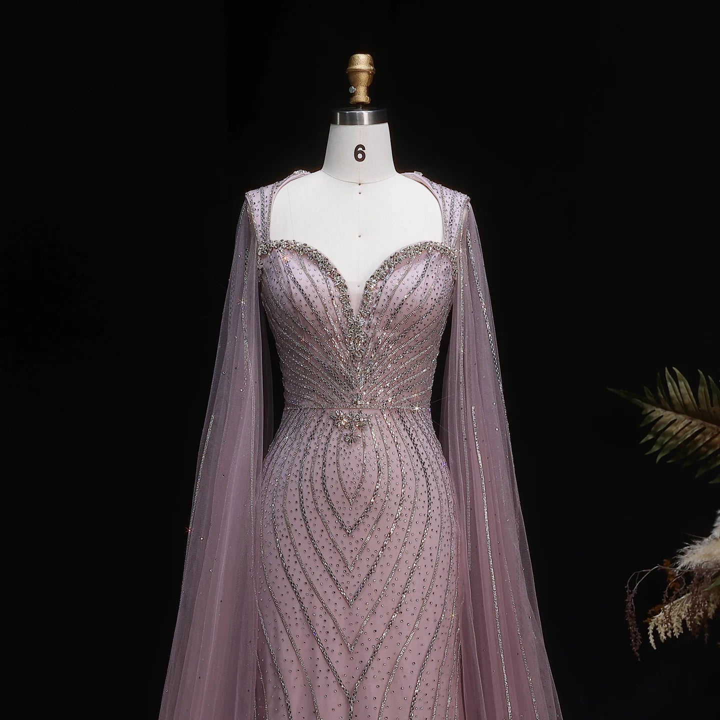 Champagne Beaded Mermaid Evening Gown with Cape Sleeves — Dubai Arabic Formal — Riviera Couture GCC Luxury Evening Gown