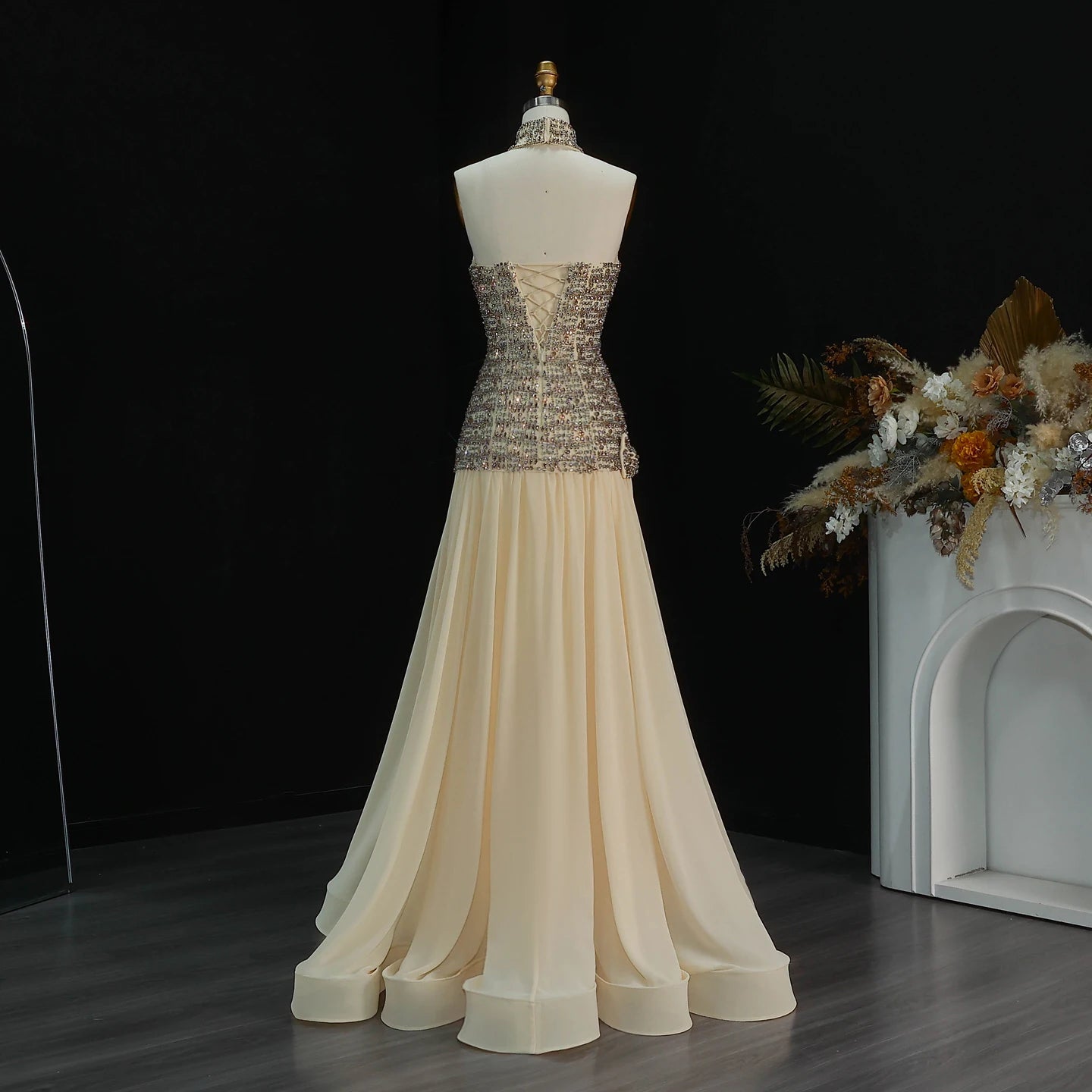 Gold Dubai A-Line Evening Gown — Beaded Crystal Bow Arabic Formal 2026 — Riviera Couture GCC Luxury Evening Gown