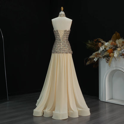 Gold Dubai A-Line Evening Gown — Beaded Crystal Bow Arabic Formal 2026 — Riviera Couture GCC Luxury Evening Gown