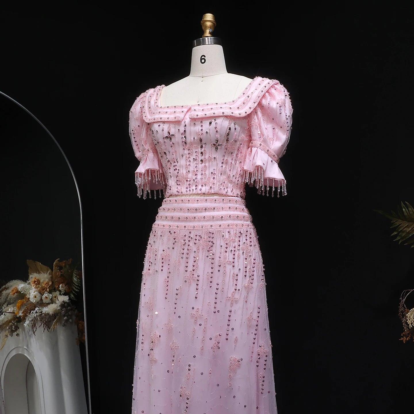 Pink Pink Two-Piece Evening Gown — Short Sleeve Square Collar Arabic — Riviera Couture GCC Luxury Evening Gown