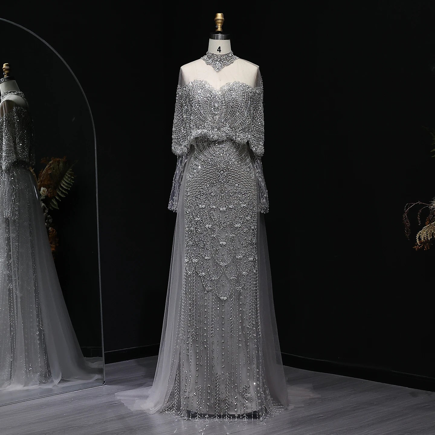 Champagne Gray Dubai Evening Gown with Cape — Long Sleeve Detachable Overskirt — Riviera Couture GCC Luxury Evening Gown