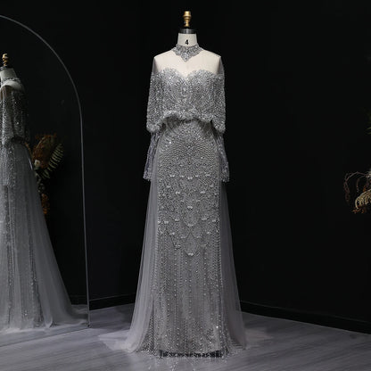 Champagne Gray Dubai Evening Gown with Cape — Long Sleeve Detachable Overskirt — Riviera Couture GCC Luxury Evening Gown