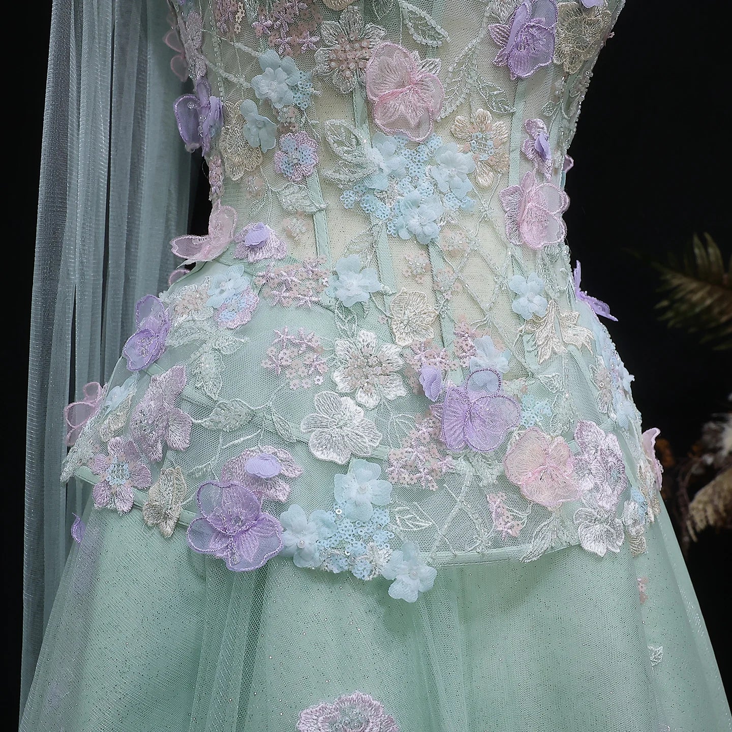 Sage Green Sage Green A-Line Evening Gown with Scarf — 3D Flowers GCC 2026 — Riviera Couture GCC Luxury Evening Gown