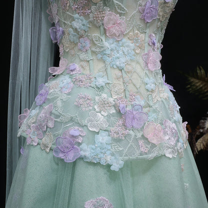 Sage Green Sage Green A-Line Evening Gown with Scarf — 3D Flowers GCC 2026 — Riviera Couture GCC Luxury Evening Gown