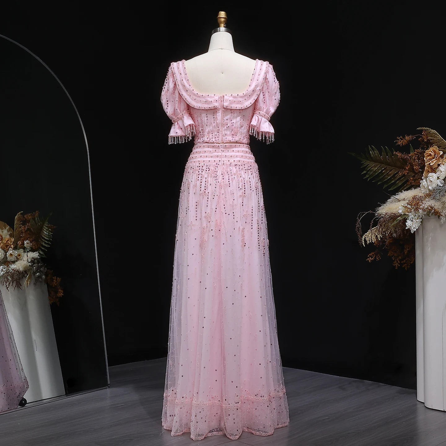 Pink Pink Two-Piece Evening Gown — Short Sleeve Square Collar Arabic — Riviera Couture GCC Luxury Evening Gown