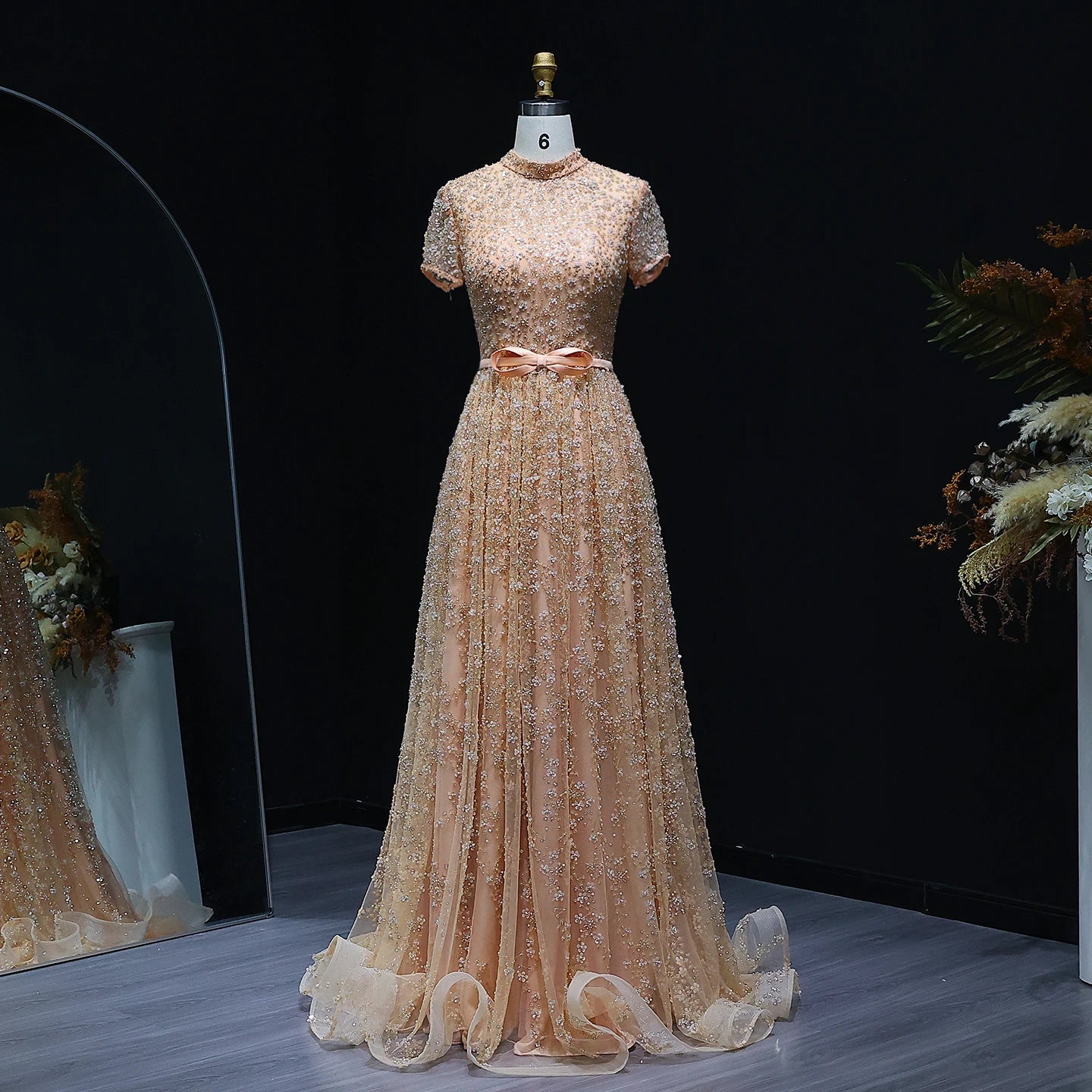 Peach Peach Embroidered Evening Gown with Bow — Luxury Beaded Arabic — Riviera Couture GCC Luxury Evening Gown