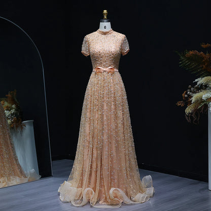 Peach Peach Embroidered Evening Gown with Bow — Luxury Beaded Arabic — Riviera Couture GCC Luxury Evening Gown