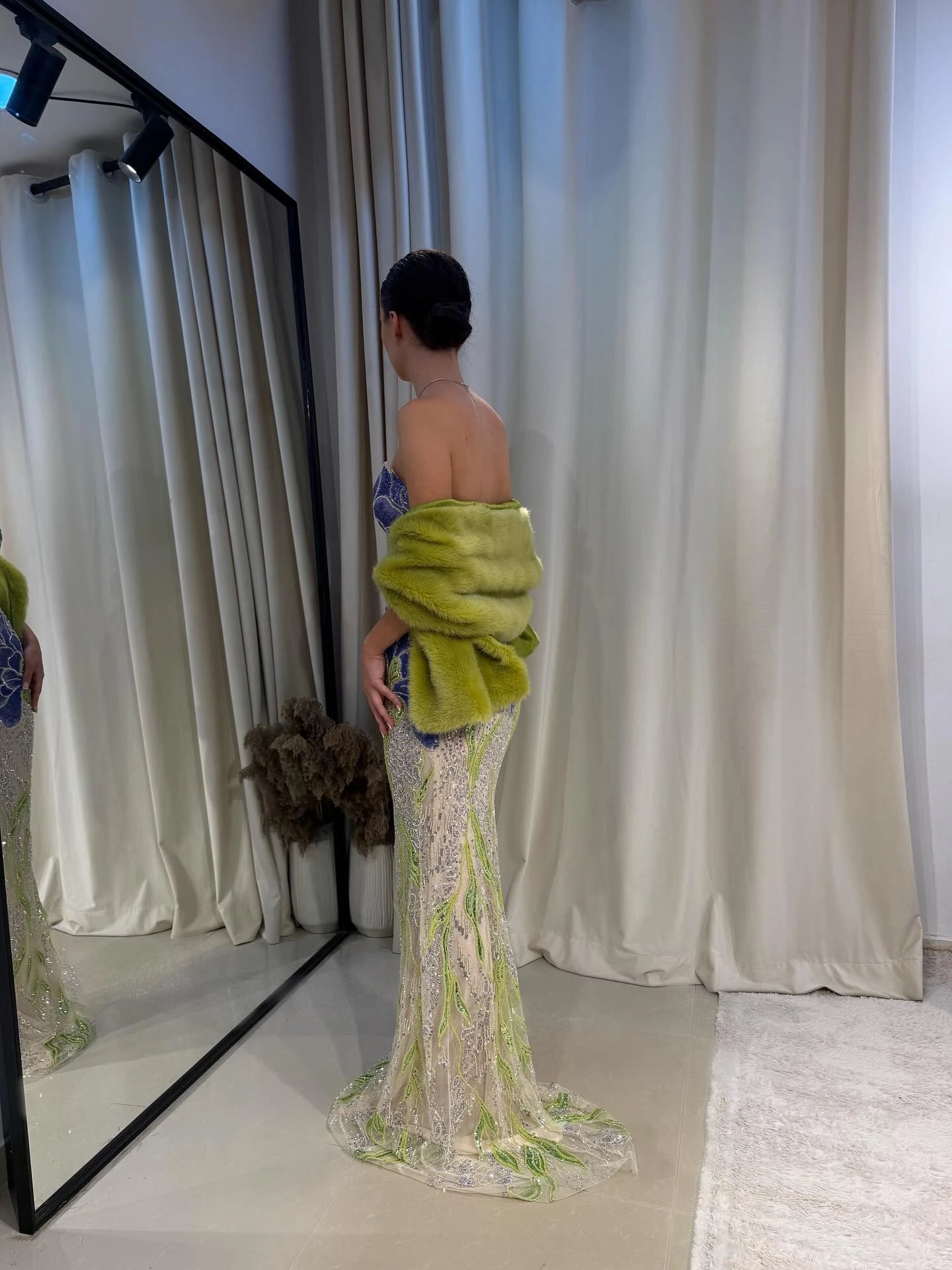 Purple Green Beaded Sequined Mermaid Evening Gown with Scarf — GCC Luxury — Riviera Couture GCC Luxury Evening Gown