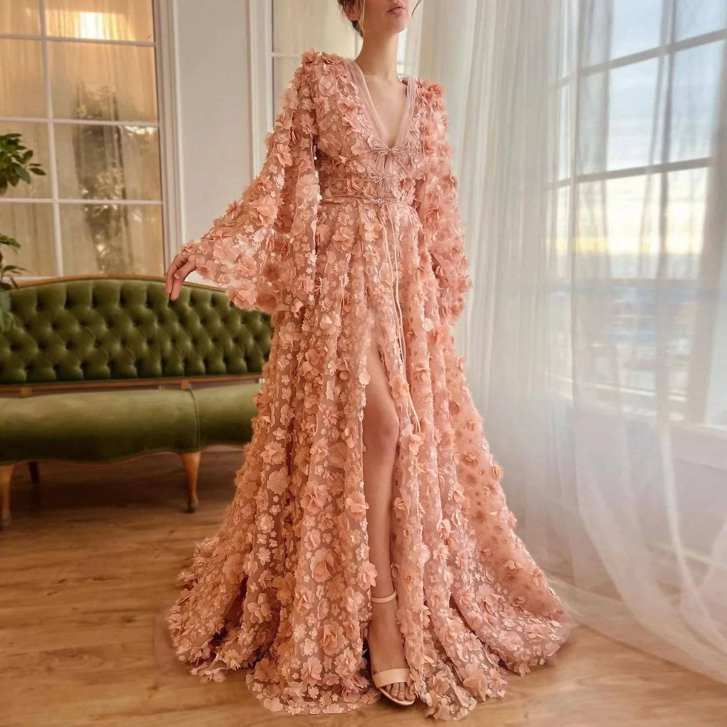 Blush Peach-Pink 3D Flowers Evening Dresses with Sleeves - Riviera Couture