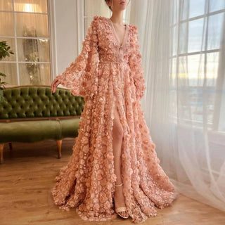 Blush Peach-Pink 3D Flowers Evening Dresses with Sleeves - Riviera Couture