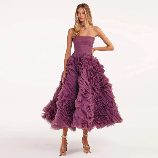 Luxury 3D Flower Purple Short Evening Dress - Riviera Couture