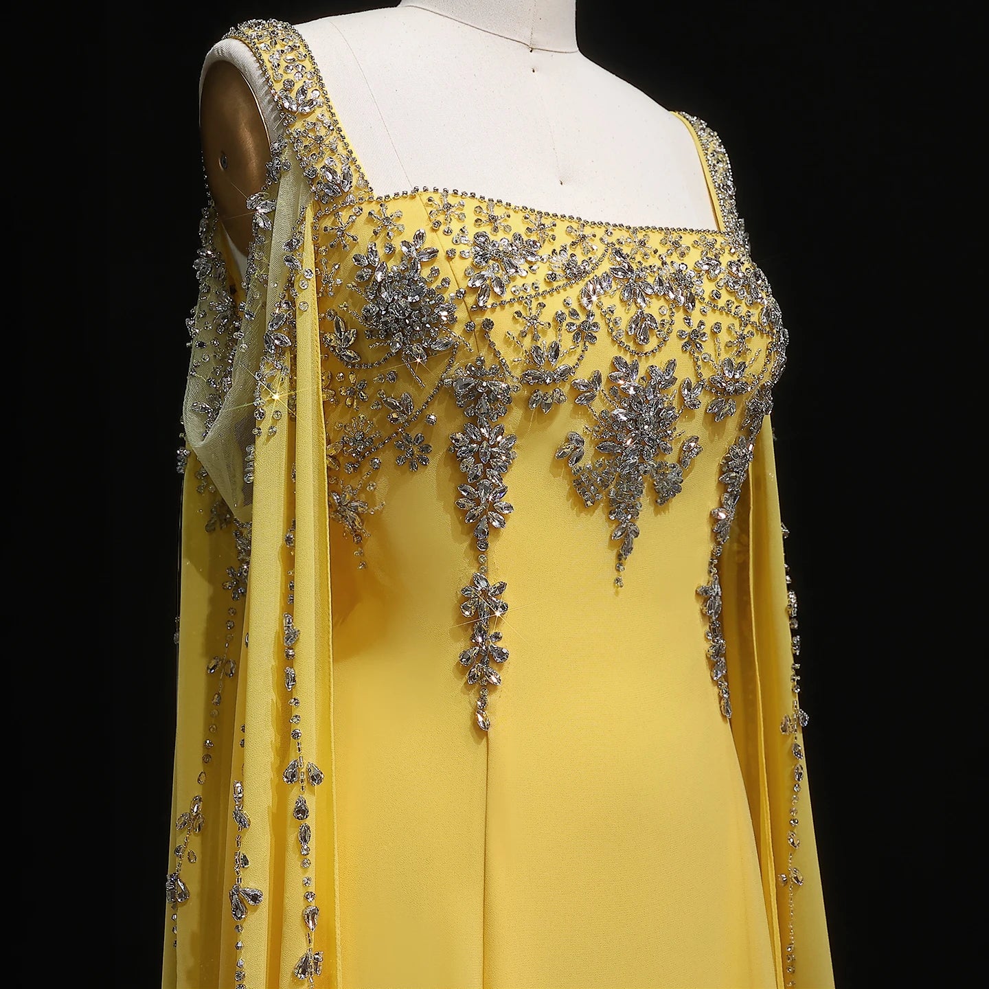 Blue Blue Crystal Evening Gown with Flowing Cape Sleeve — Arabic Luxury — Riviera Couture GCC Luxury Evening Gown