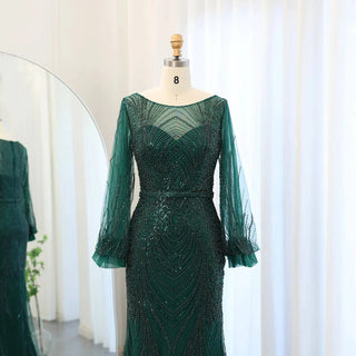 Luxury Emerald Green Mermaid Evening Dress with Elegant Long Sleeves l - Riviera Couture