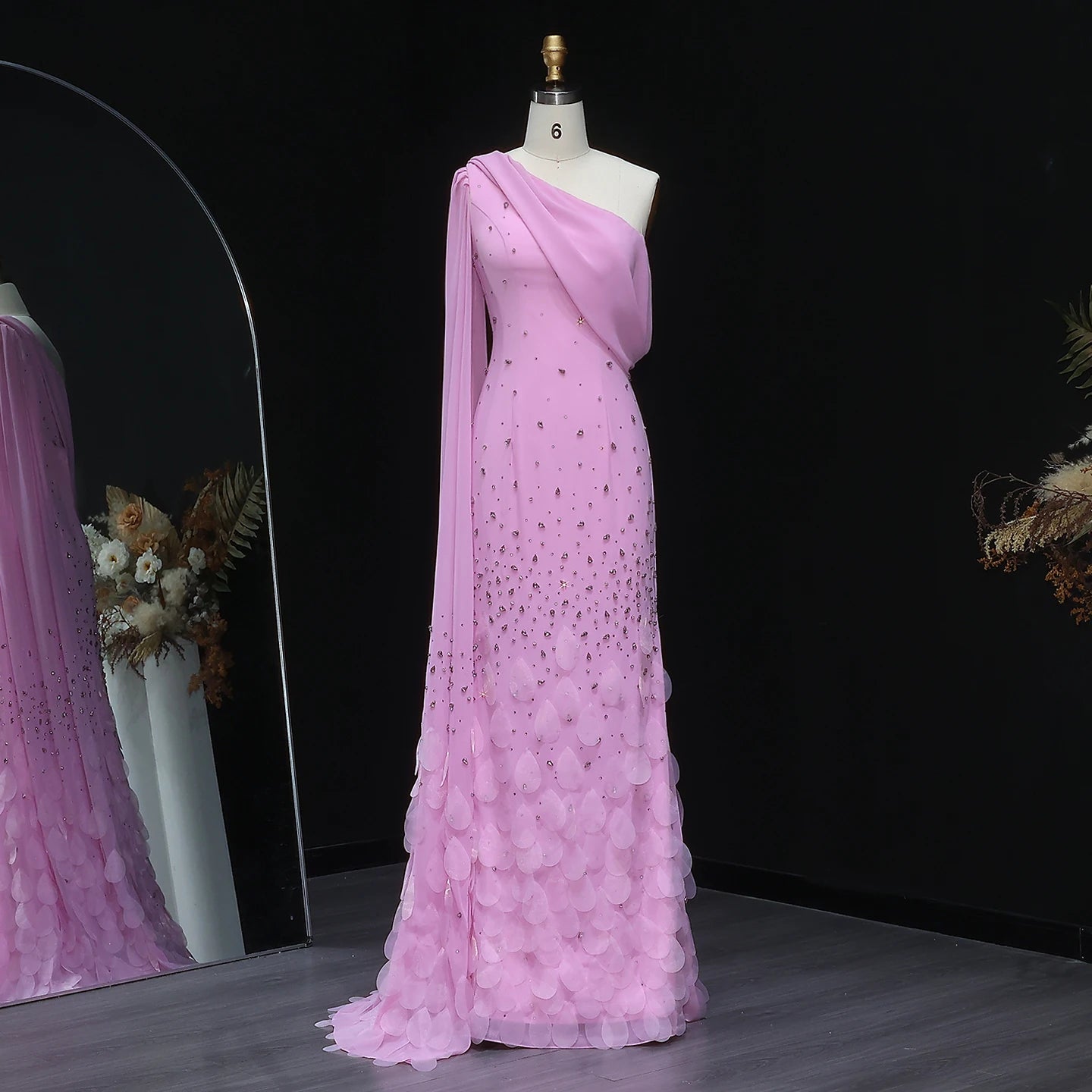 Modest One-Shoulder Mermaid Evening Gown — 3D Leaves Crystal Cape — Riviera Couture GCC Luxury Evening Gown