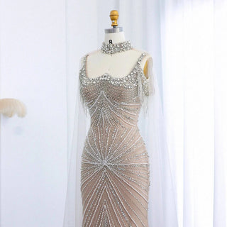 Silver Nude Gown with Tassels and Crystals - Riviera Couture