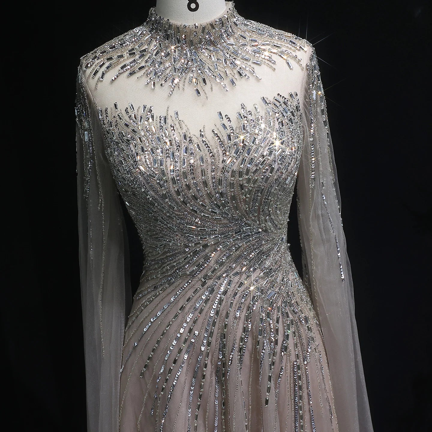 Blue Caramel Beaded High Neck Cape Sleeve Evening Gown — Sequin Tulle — Riviera Couture GCC Luxury Evening Gown
