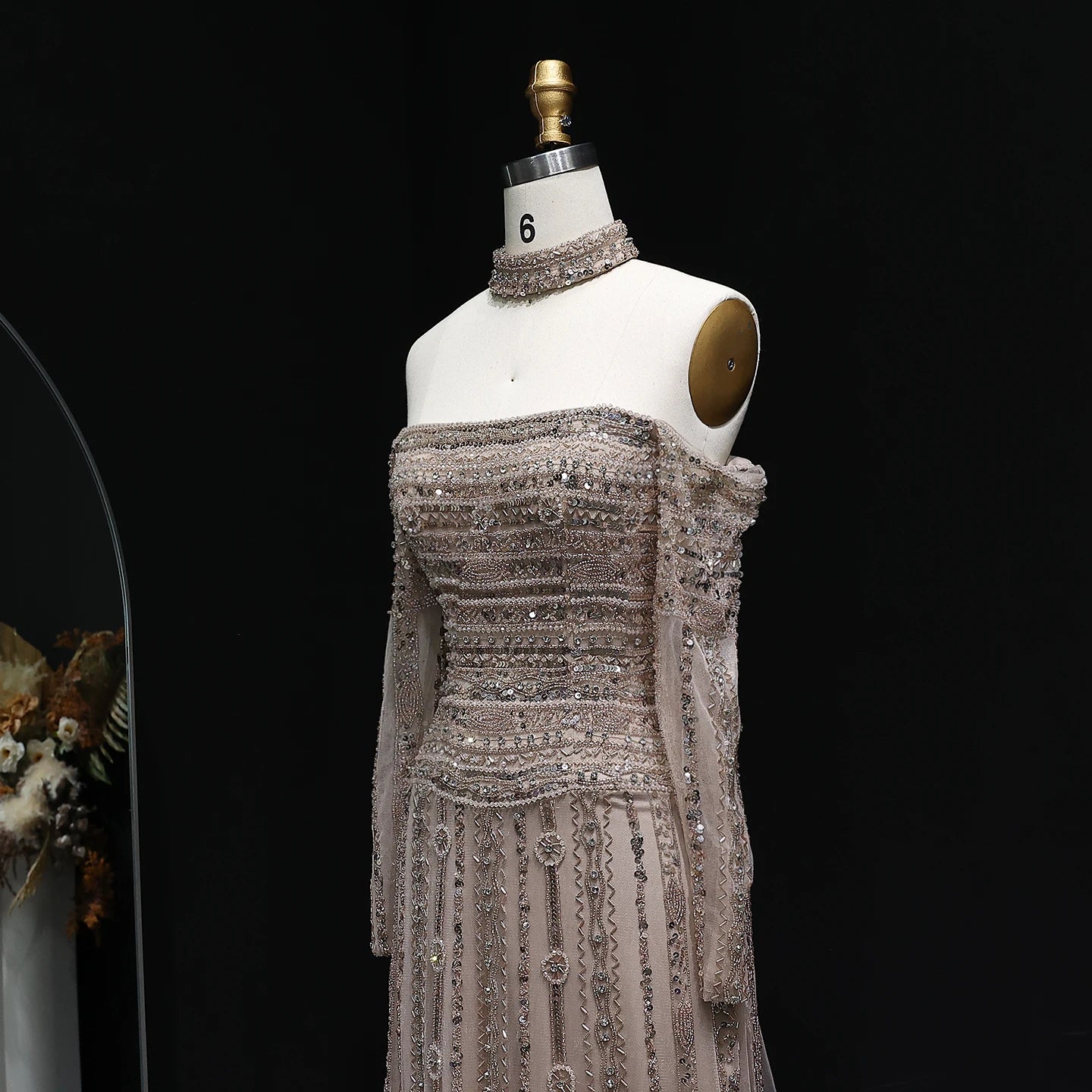 Pink Pink Off-Shoulder Evening Gown with Choker — Heavy Beaded Long Sleeve — Riviera Couture GCC Luxury Evening Gown