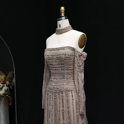 Pink Pink Off-Shoulder Evening Gown with Choker — Heavy Beaded Long Sleeve — Riviera Couture GCC Luxury Evening Gown