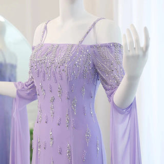 Lilac Mermaid Evening Dress with Cape Sleeves - Riviera Couture