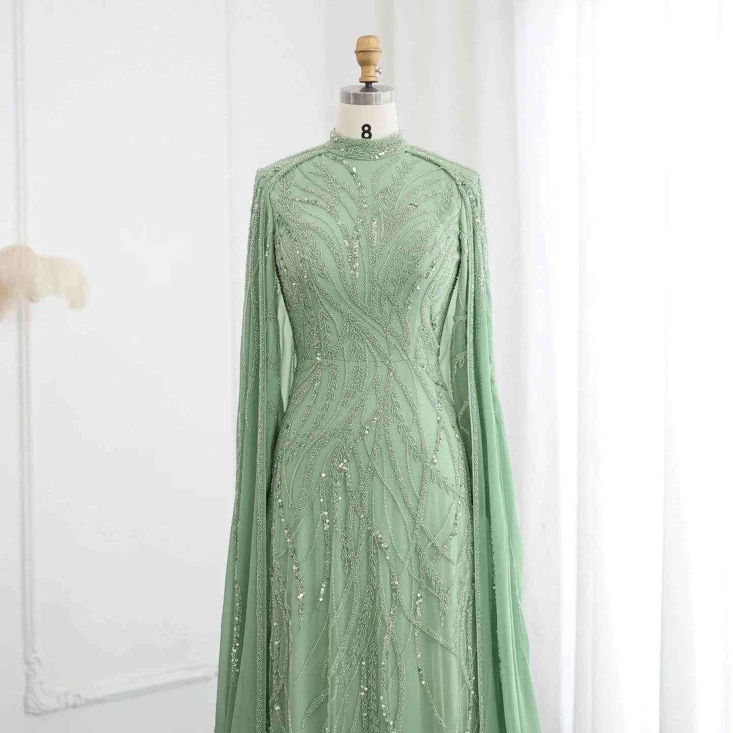 Beaded Sage Green Muslim High Neck Evening Dress with Cape Long Sleeves - Riviera Couture