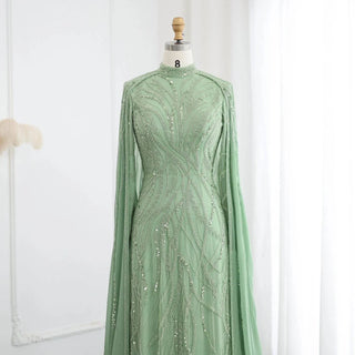 Beaded Sage Green Muslim High Neck Evening Dress with Cape Long Sleeves - Riviera Couture