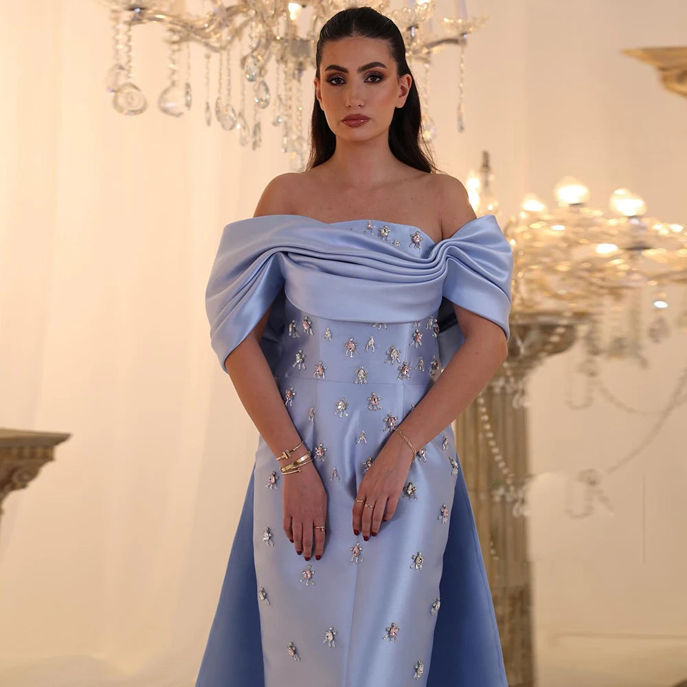 Blue Blue Satin Off-Shoulder Evening Gown with Crystal Overskirt — Midi — Riviera Couture GCC Luxury Evening Gown