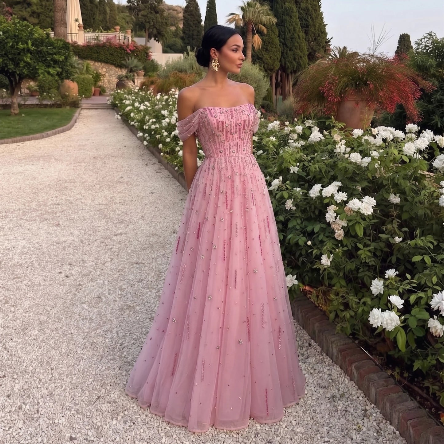 Pink Pink Off-Shoulder A-Line Evening Gown — Luxury Beaded Arabic GCC — Riviera Couture GCC Luxury Evening Gown