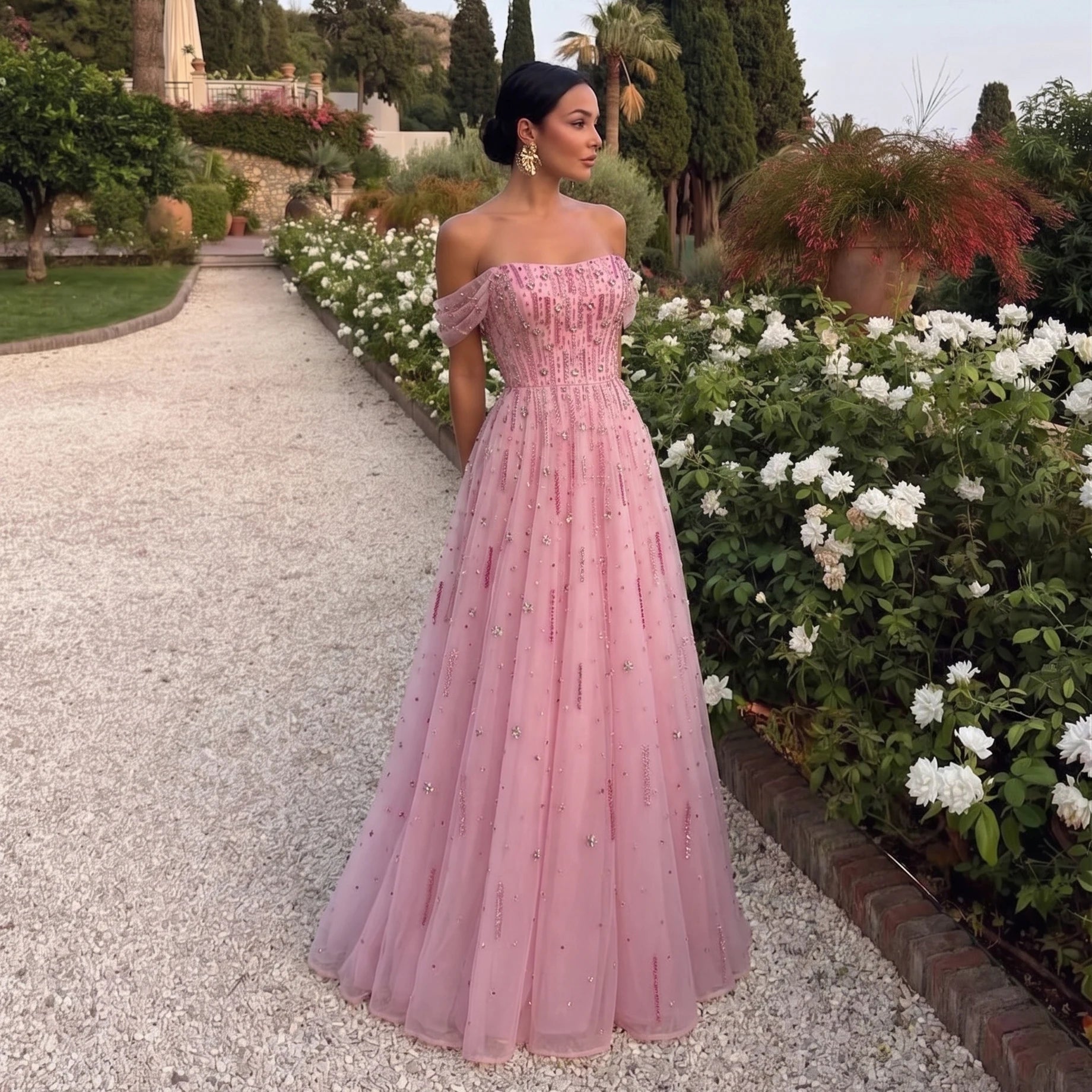 Pink Pink Off-Shoulder A-Line Evening Gown — Luxury Beaded Arabic GCC — Riviera Couture GCC Luxury Evening Gown
