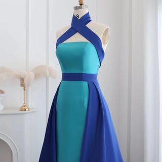 Royal Blue Contrast Turquoise Halter Neck Evening Dress with Overskirt - Riviera Couture