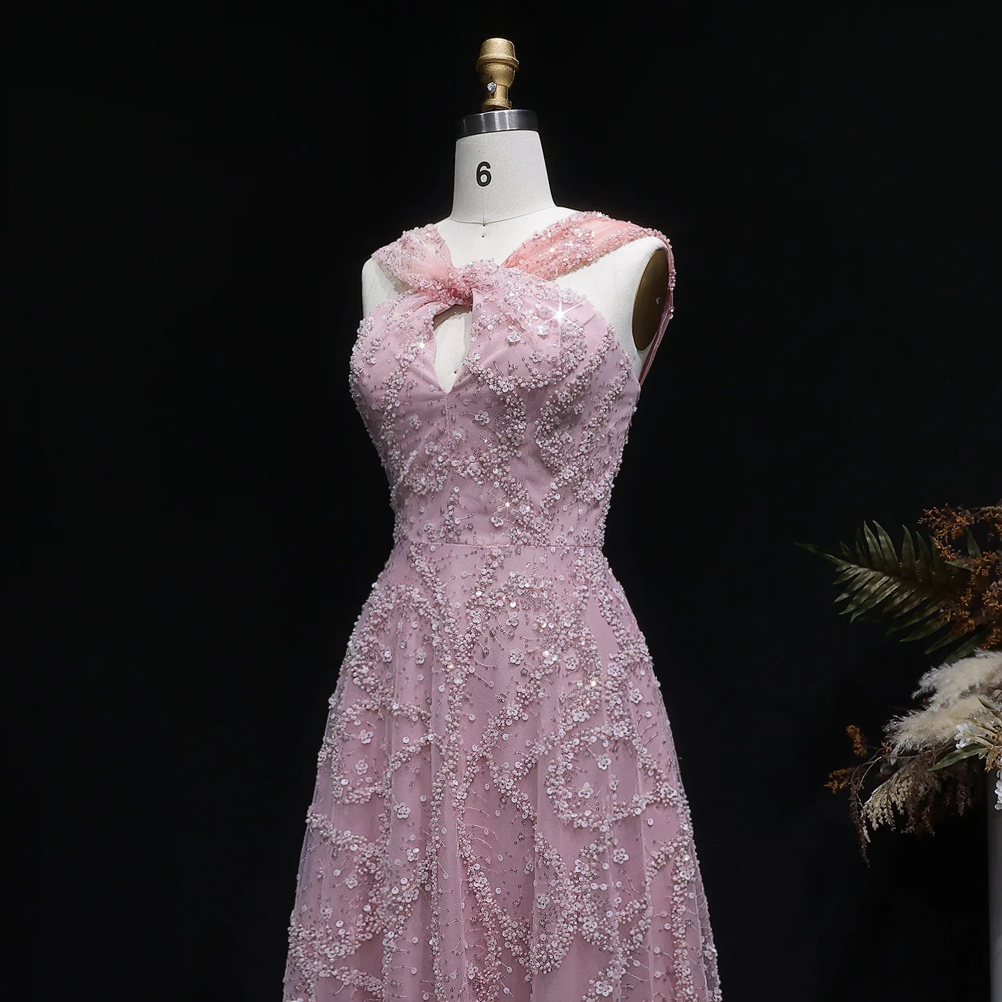 Gradient Pink Ombré Pink Criss-Cross Neck Evening Gown — Luxury GCC Formal — Riviera Couture GCC Luxury Evening Gown