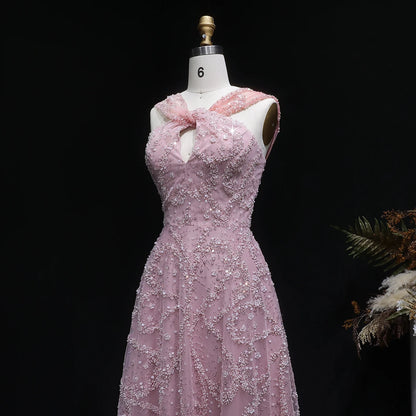 Gradient Pink Ombré Pink Criss-Cross Neck Evening Gown — Luxury GCC Formal — Riviera Couture GCC Luxury Evening Gown