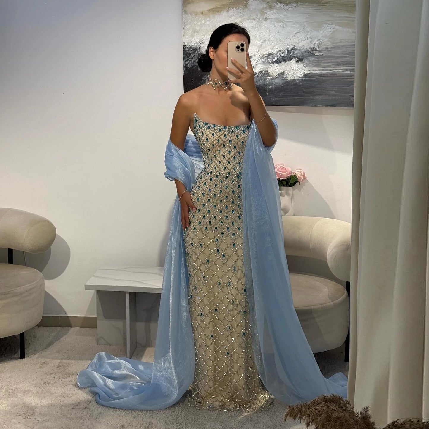 Blue Beaded Crystal Evening Gown with Cape — Luxury GCC Formal 2026 — Riviera Couture GCC Luxury Evening Gown