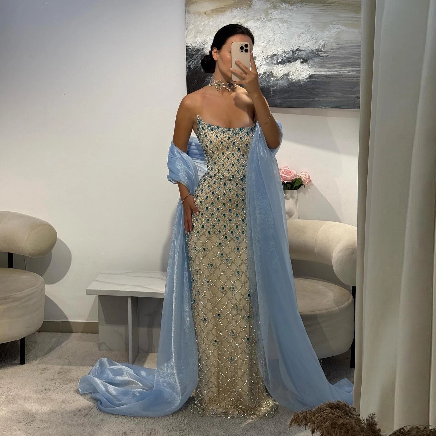Blue Beaded Crystal Evening Gown with Cape — Luxury GCC Formal 2026 — Riviera Couture GCC Luxury Evening Gown