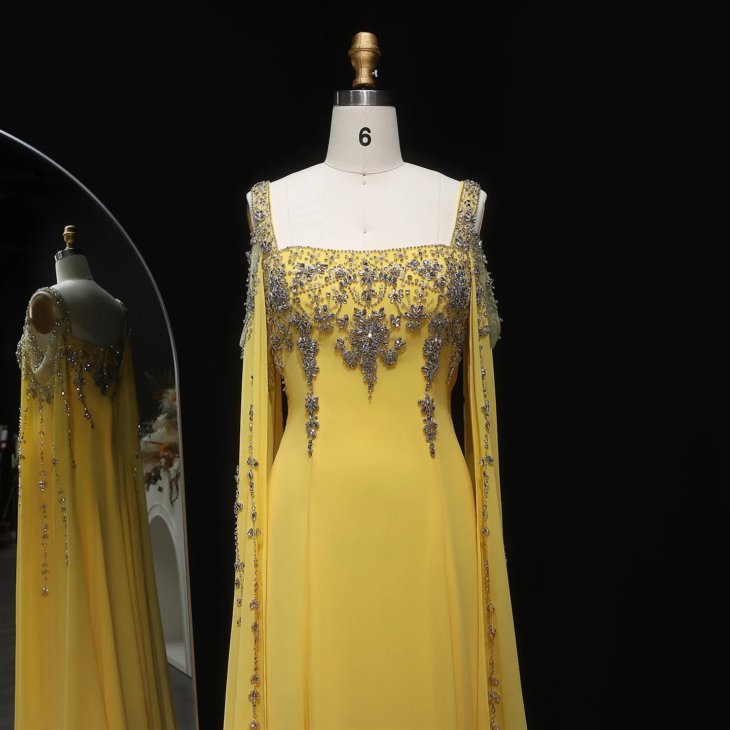 Blue Blue Crystal Evening Gown with Flowing Cape Sleeve — Arabic Luxury — Riviera Couture GCC Luxury Evening Gown