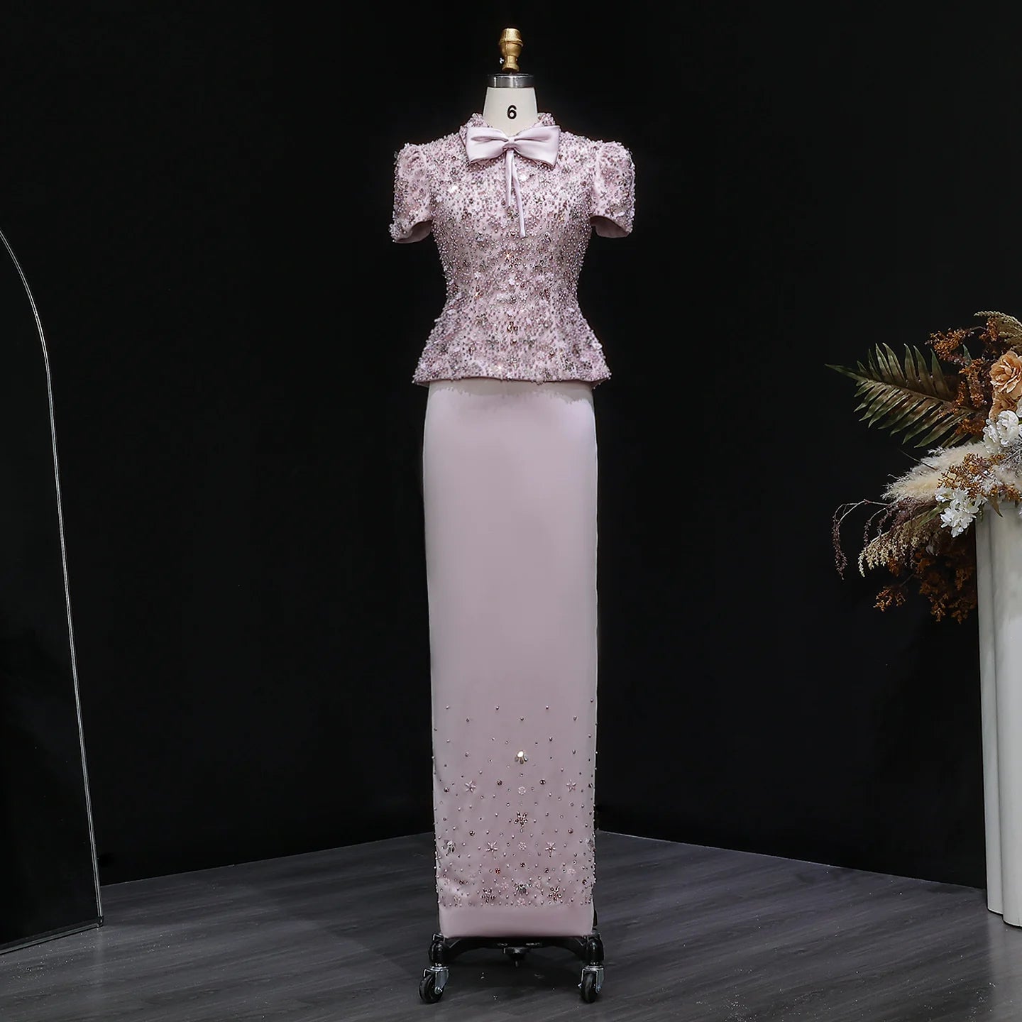 Pink Pink Beaded Two-Piece Evening Gown — Short Sleeve Arabic Luxury — Riviera Couture GCC Luxury Evening Gown