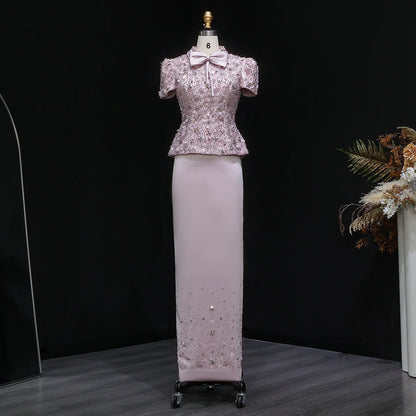 Pink Pink Beaded Two-Piece Evening Gown — Short Sleeve Arabic Luxury — Riviera Couture GCC Luxury Evening Gown