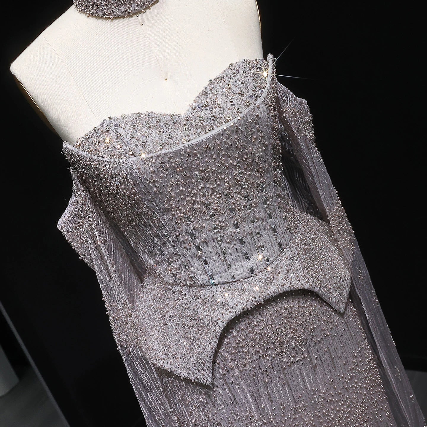 Gold Grey Crystal Off-Shoulder Evening Gown with Cape Sleeves — 2026 — Riviera Couture GCC Luxury Evening Gown
