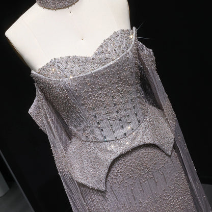 Gold Grey Crystal Off-Shoulder Evening Gown with Cape Sleeves — 2026 — Riviera Couture GCC Luxury Evening Gown
