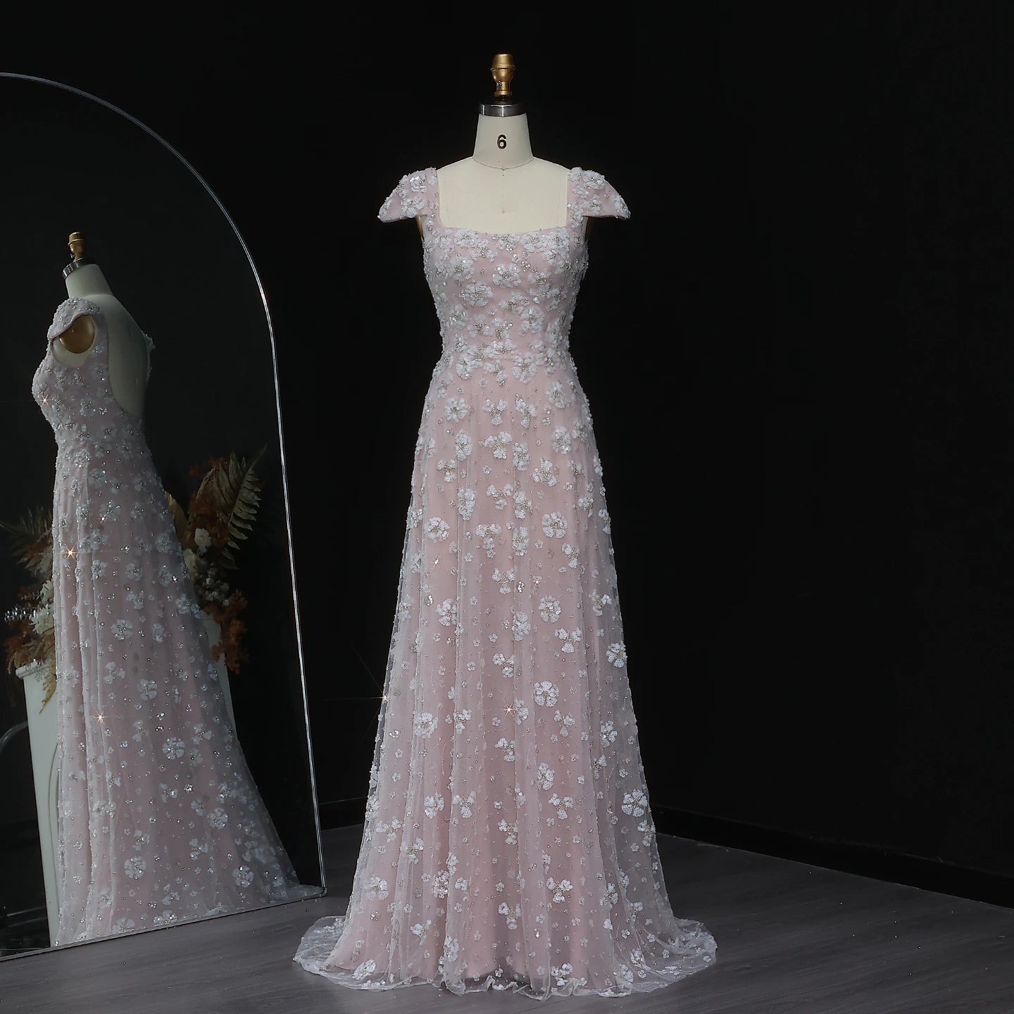 Pink Floral A-Line Evening Gown — Square Neck Beaded Flowers GCC — Riviera Couture GCC Luxury Evening Gown