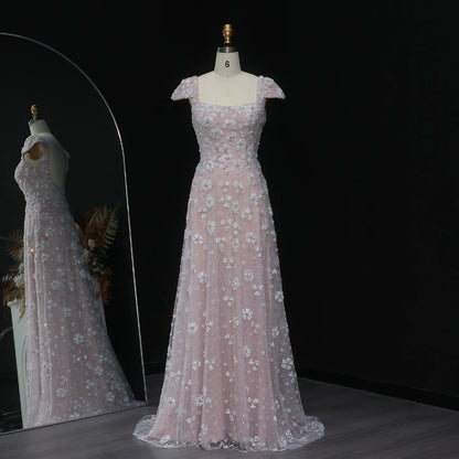 Pink Floral A-Line Evening Gown — Square Neck Beaded Flowers GCC — Riviera Couture GCC Luxury Evening Gown