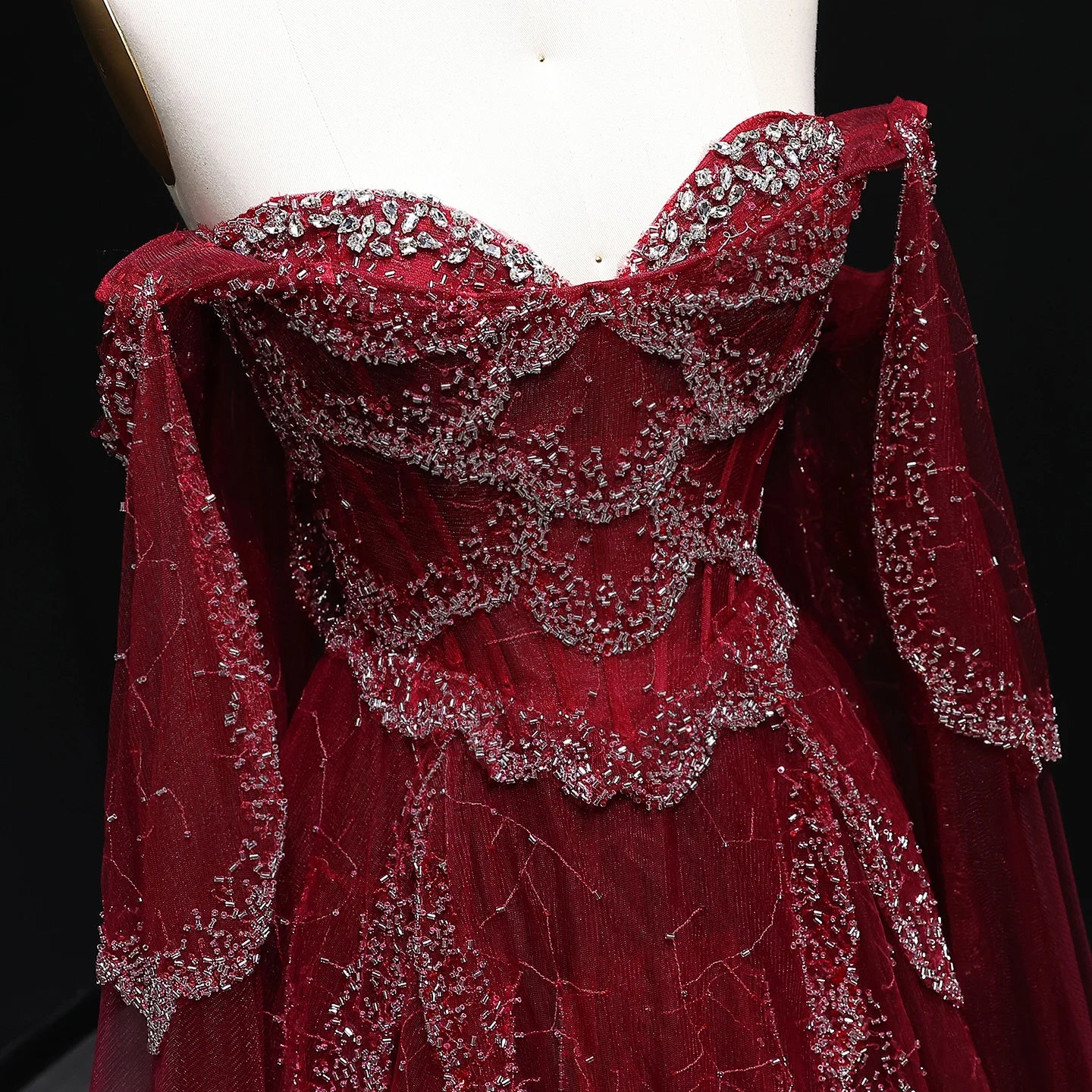 Burgundy Sage Green Sweetheart Evening Gown with Cape Sleeves — GCC Formal — Riviera Couture GCC Luxury Evening Gown