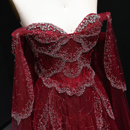 Burgundy Sage Green Sweetheart Evening Gown with Cape Sleeves — GCC Formal — Riviera Couture GCC Luxury Evening Gown