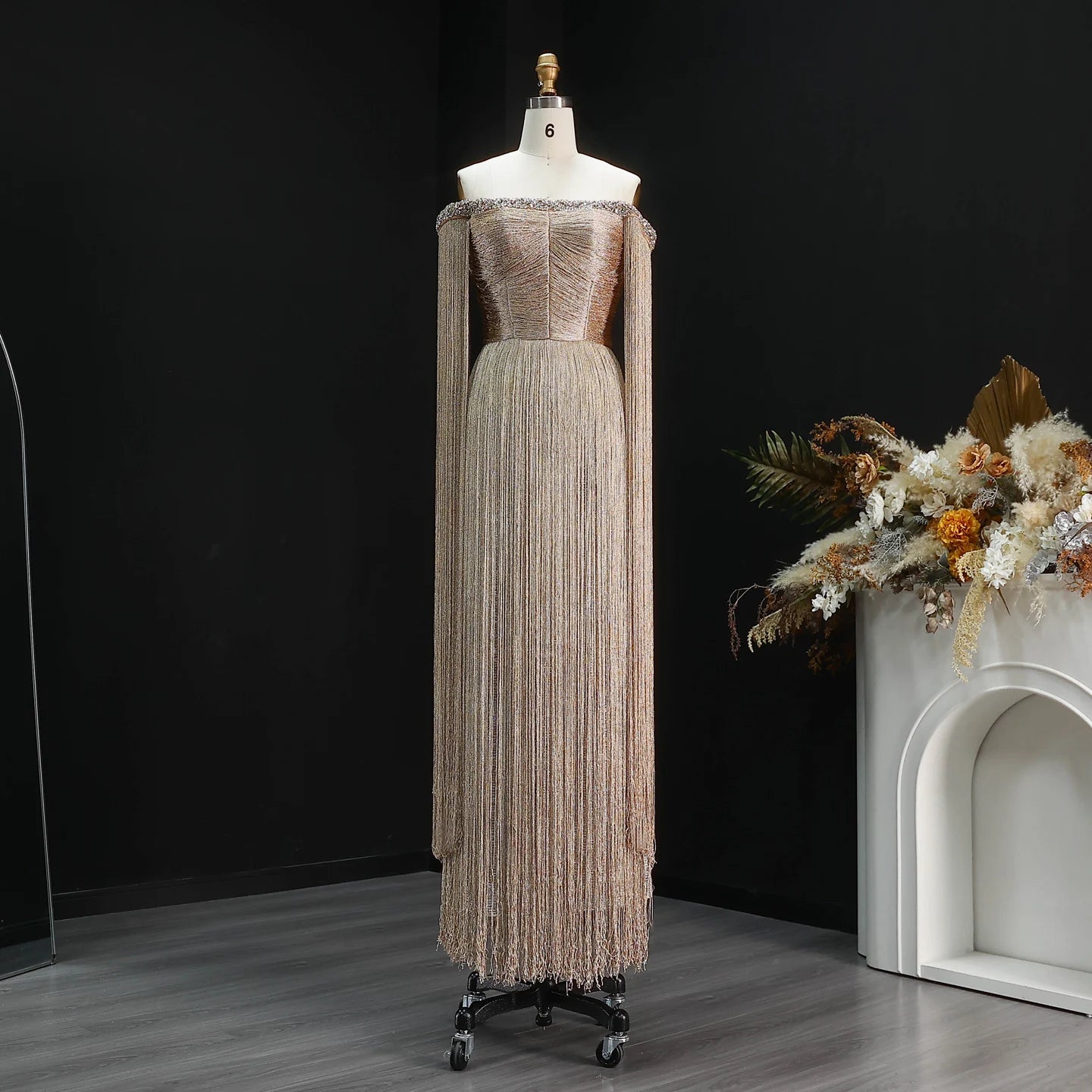Gold Off-Shoulder Tassel Evening Gown — Luxury GCC Formal — Riviera Couture GCC Luxury Evening Gown