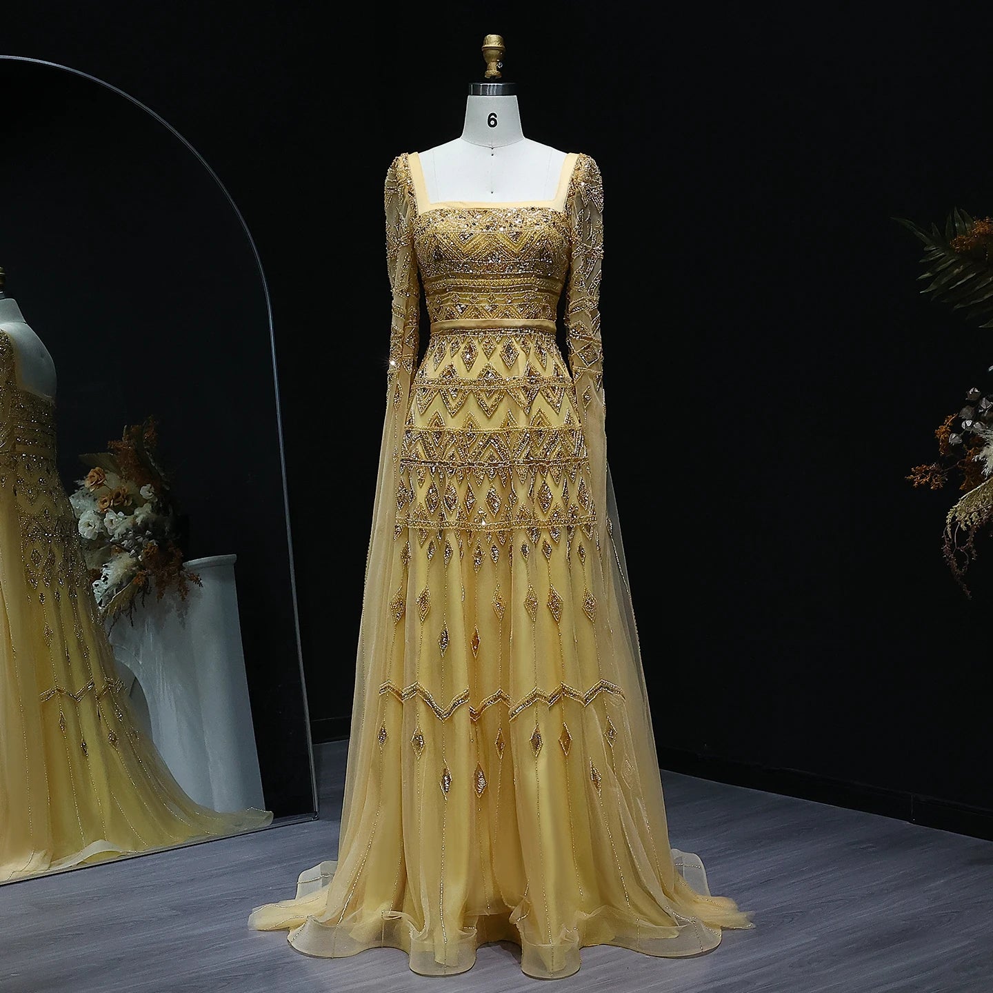 Sage Green Wine Red Burgundy Evening Gown with Cape Sleeve — Arabic Luxury 2026 — Riviera Couture GCC Luxury Evening Gown