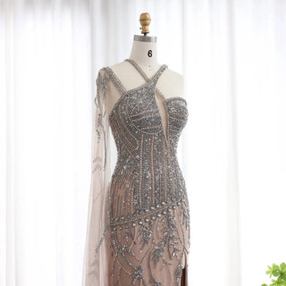 Luxury Beaded Nude Evening Dress with Cape Side Slit One Shoulder - Riviera Couture